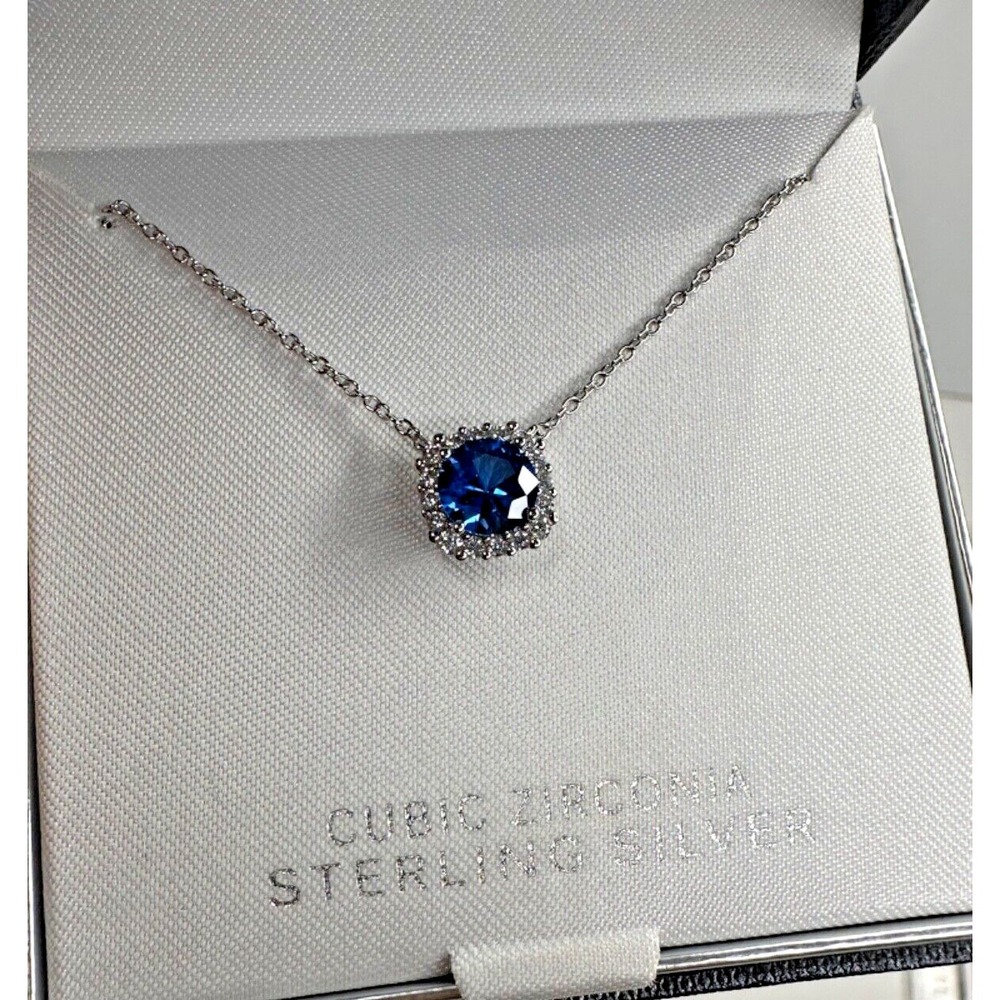 Primrose Sterling Silver Necklace Blue Cubic Zirconia Pendant Halo 18" 925 NEW